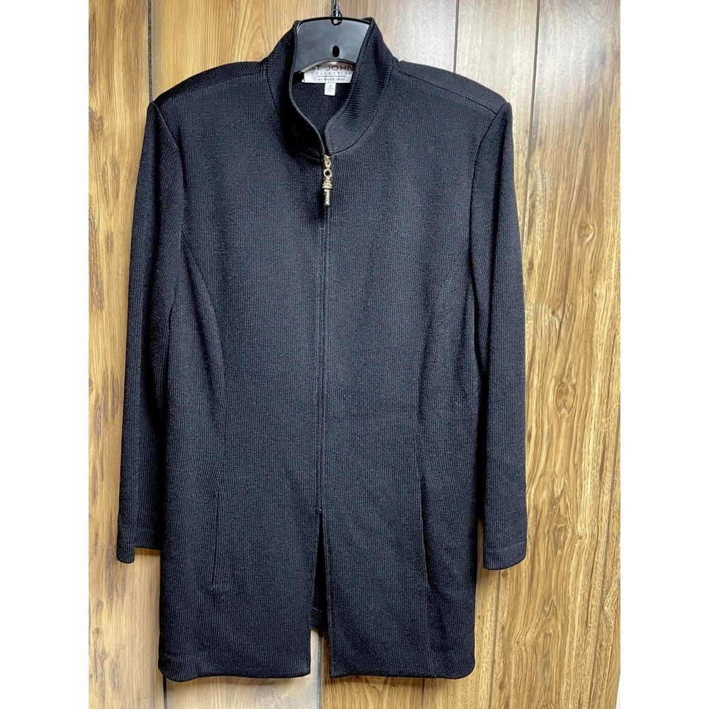 Vtg St John Black Knit Long Sleeve Zip Cardigan Jacket Gold Details Size 14 USA